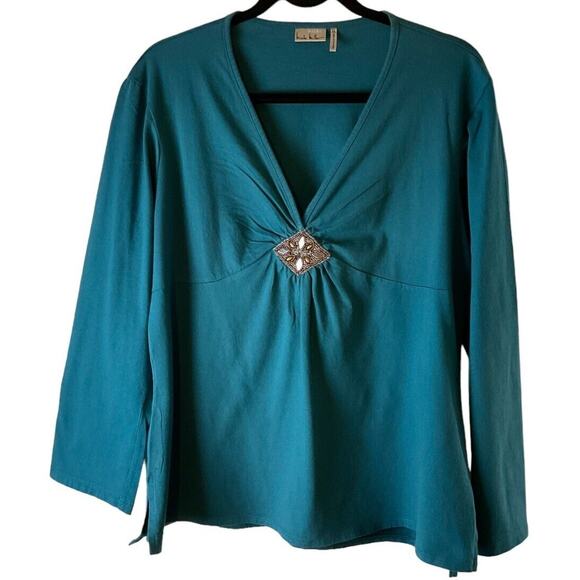 Nicki Nicole Miller Women's XXL Teal Blue Blouse Long Sleeve Center Jewel - Picture 8 of 11